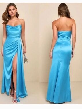 LULUS Ethereal Excellence Teal Blue Satin Pleated Strapless Maxi Dress S